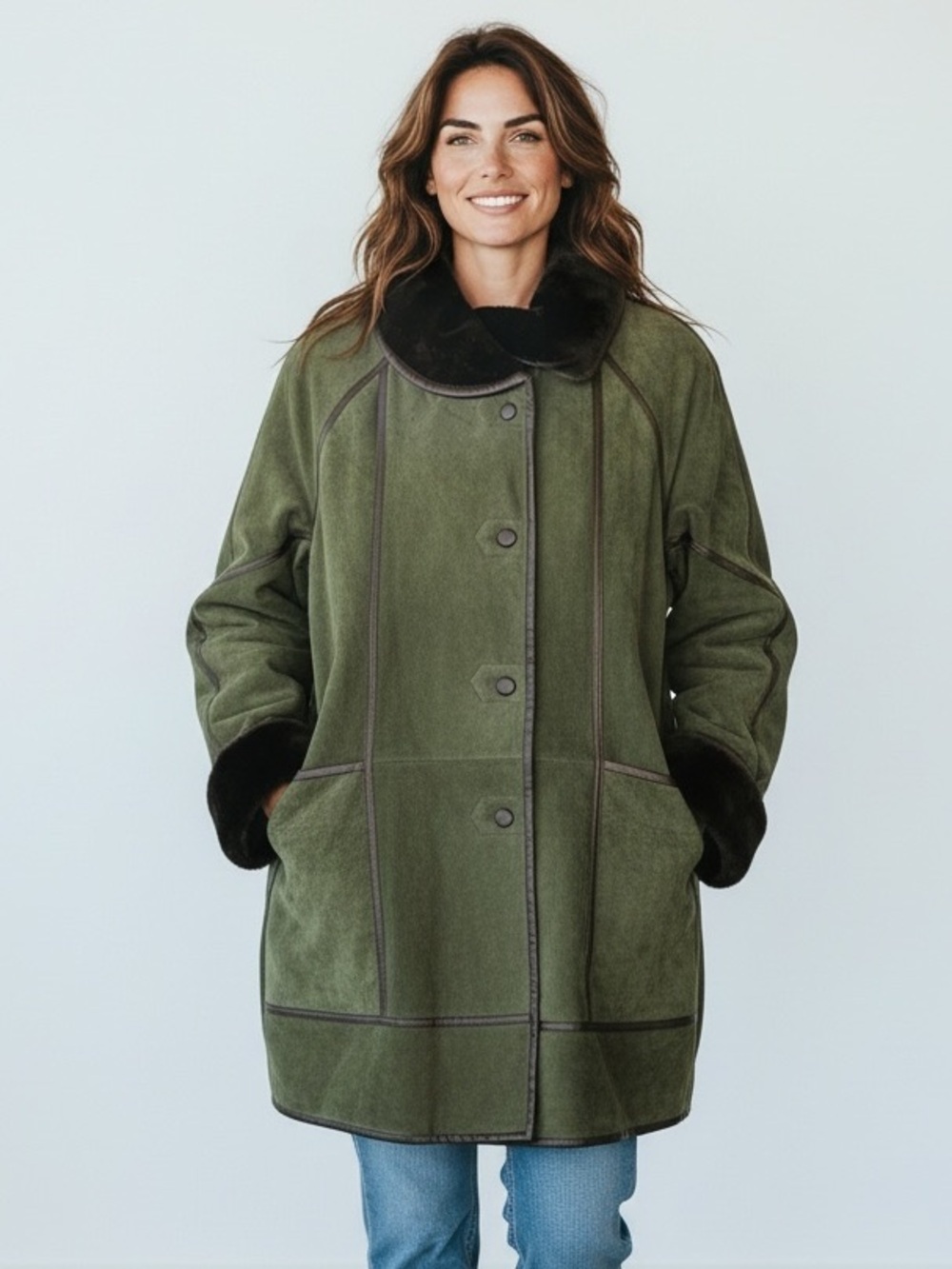 NWT Vintage Dennis Basso Green Suede Jacket Full Faux Fur Lined Coat